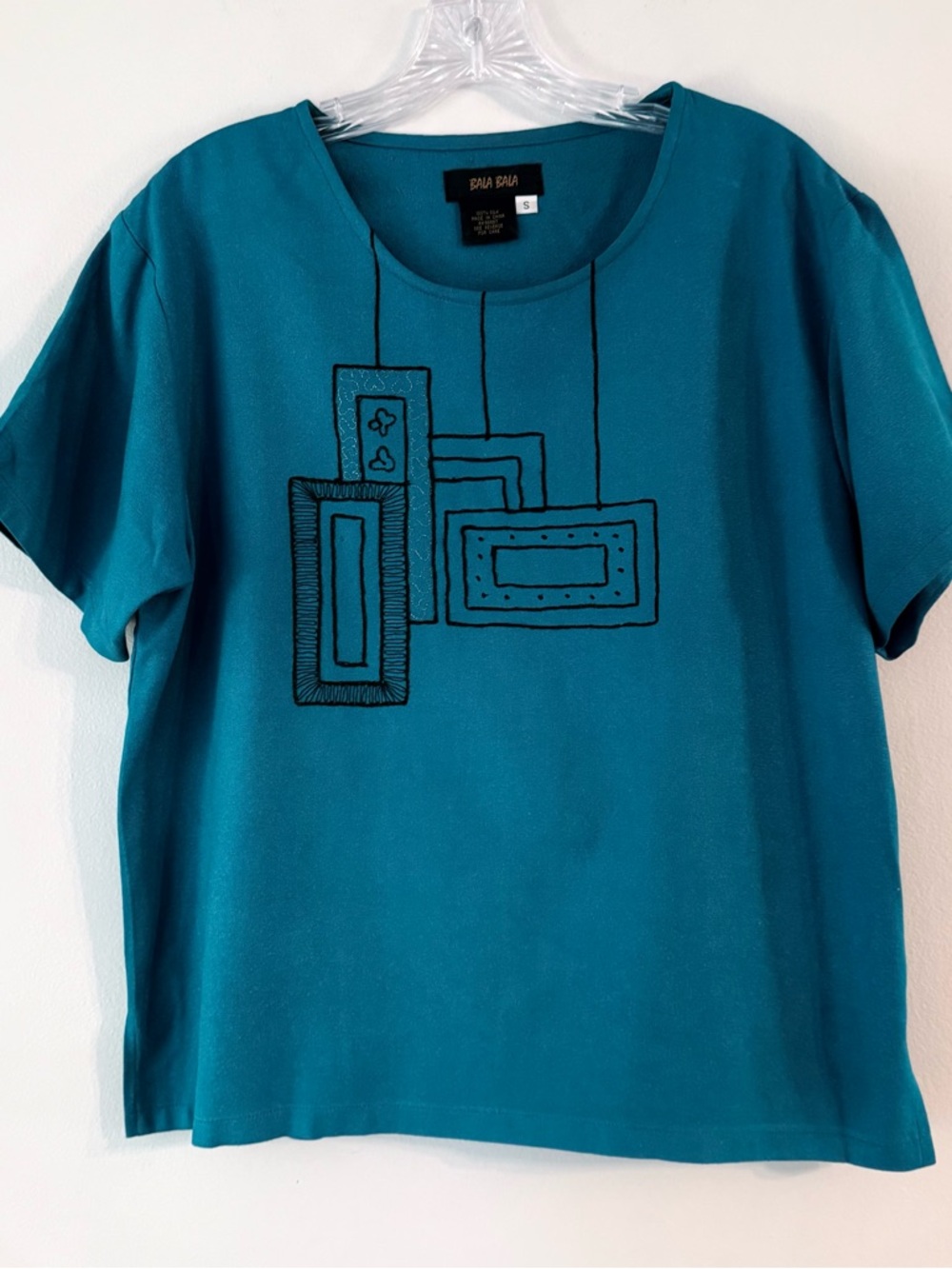 Bala Bala Green Teal with Black Graphic Blouse Women’s Sz S 100% Silk